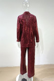 Red Fashion Casual Patchwork Sequins Turndown Collar Long Sleeve Two Pieces
