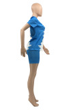 Powder Blue Fashion Casual Print Basic O Neck Short Sleeve Two Pieces