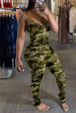 Grey Casual Print Patchwork Spaghetti Strap Skinny Jumpsuits