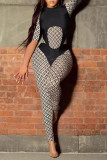Black Fashion Casual Print Patchwork O Neck Skinny Jumpsuits