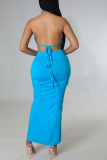 Light Blue Sexy Solid Bandage Patchwork Backless Fold Halter Sleeveless Two Pieces