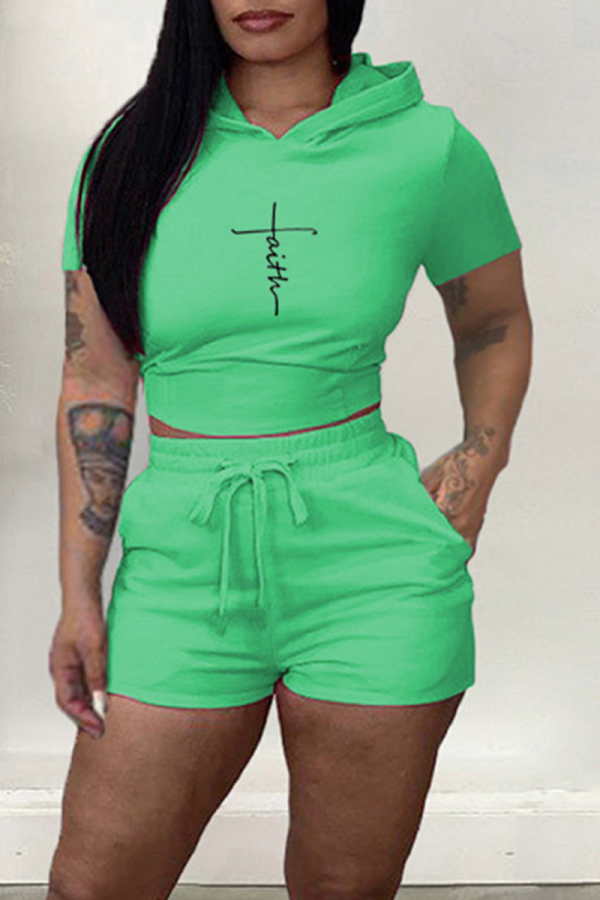 Green Casual Print Backless Hooded Collar Short Sleeve Two Pieces