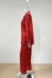 Red Fashion Casual Patchwork Sequins Turndown Collar Long Sleeve Two Pieces