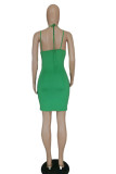 Green Sexy Print Patchwork Asymmetrical Collar Dresses