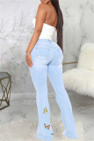 Blue Fashion Casual Embroidery Ripped High Waist Regular Denim Jeans