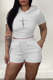 Pink Casual Print Backless Hooded Collar Short Sleeve Two Pieces