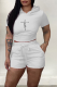 White Casual Print Backless Hooded Collar Short Sleeve Two Pieces