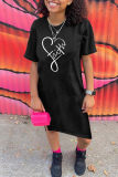 Black Fashion Casual Print Slit O Neck Short Sleeve Dress