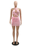Pink Sexy Patchwork Solid Bandage Hollowed Out Backless Hot Drill Halter Sleeveless Dress