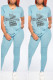 Blue Fashion Casual Print Letter O Neck Short Sleeve Two Pieces