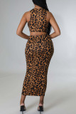 Leopard Print Sexy Print Leopard Hollowed Out Patchwork Asymmetrical Asymmetrical Collar One Step Skirt Dresses
