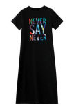 Black Fashion Casual Letter Print Slit O Neck Short Sleeve Dress