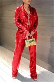 Red Fashion Casual Patchwork Sequins Turndown Collar Long Sleeve Two Pieces