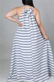 Light Blue Fashion Casual Plus Size Striped Print Backless O Neck Sleeveless Dress