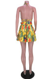 Gold Fashion Sexy Print Bandage Backless Spaghetti Strap Sleeveless Two Pieces