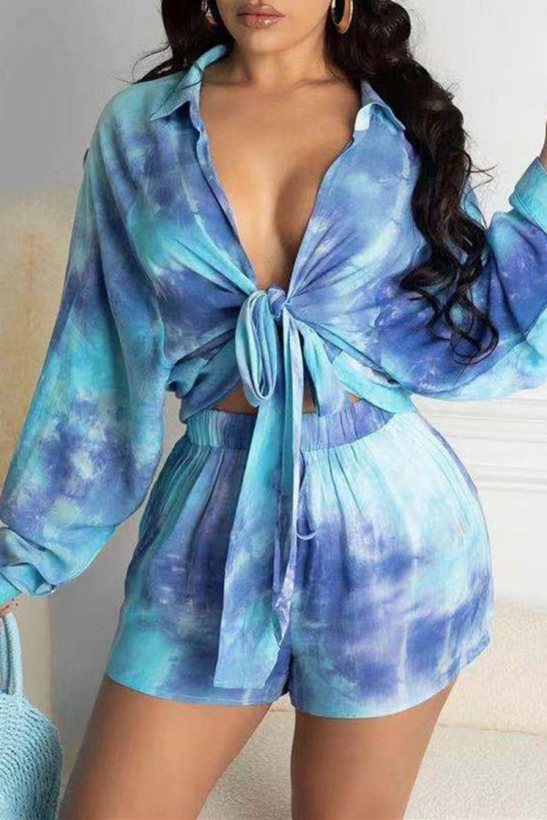Blue Fashion Casual Print Tie Dye Bandage Turndown Collar Long Sleeve Two Pieces