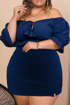 Blue Sexy Solid Draw String Off the Shoulder Plus Size Two Pieces