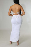 White Sexy Solid Bandage Patchwork Backless Fold Halter Sleeveless Two Pieces