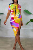 Multicolor Casual Print Patchwork Asymmetrical O Neck Irregular Dress Dresses