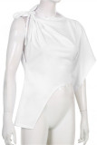 White Fashion Casual Solid Patchwork Asymmetrical O Neck T-Shirts