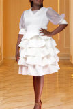 White Fashion Casual Solid Patchwork V Neck Cake Skirt Dresses