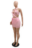 Pink Sexy Patchwork Solid Bandage Hollowed Out Backless Hot Drill Halter Sleeveless Dress