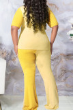 Yellow Fashion Casual Solid Split Joint Turndown Collar Plus Size Two Pieces