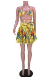 Gold Fashion Sexy Print Bandage Backless Spaghetti Strap Sleeveless Two Pieces