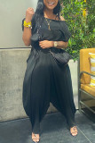 Black Fashion Casual Solid Basic O Neck Short Sleeve Two Pieces