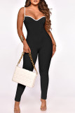 Blue Casual Solid Patchwork Spaghetti Strap Skinny Jumpsuits