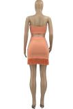 Yellow Sexy Casual Solid Tassel Patchwork Backless Strapless Sleeveless Two Pieces
