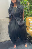 Black Fashion Casual Solid Basic O Neck Short Sleeve Two Pieces