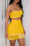 Yellow Sexy Casual Solid Tassel Patchwork Backless Strapless Sleeveless Two Pieces