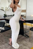 White Sexy Casual Solid Backless Slit Spaghetti Strap Long Dress