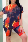 Multicolor Casual Patchwork Tie-dye O Neck Short Sleeve Two Pieces