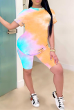 Multicolor Casual Patchwork Tie-dye O Neck Short Sleeve Two Pieces