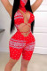 Red Sexy Print Hollowed Out Patchwork V Neck Regular Rompers