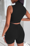 Coffee Fashion Casual Sportswear Solid Patchwork Turtleneck Sleeveless Two Pieces