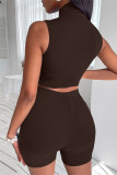 Coffee Fashion Casual Sportswear Solid Patchwork Turtleneck Sleeveless Two Pieces