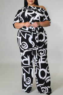 Black And White Fashion Casual Print Basic Oblique Collar Plus Size Jumpsuits