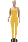 Yellow Sexy Solid Split Joint Backless Halter Regular Jumpsuits