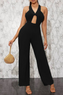 Black Sexy Solid Hollowed Out Split Joint Backless Halter Straight Jumpsuits