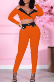 Red Fashion Casual Solid Patchwork Backless V Neck Long Sleeve Two Pieces