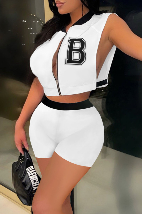 White Fashion Casual Letter Print Patchwork Zipper Collar T-Shirts
