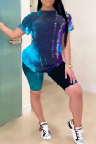 Multicolor Casual Patchwork Tie-dye O Neck Short Sleeve Two Pieces