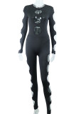 Black Sexy Solid Hollowed Out Patchwork O Neck Skinny Jumpsuits