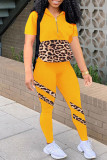 Red Fashion Casual Print Leopard Patchwork Zipper Collar Short Sleeve Two Pieces