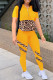 Yellow Fashion Casual Print Leopard Patchwork Zipper Collar Short Sleeve Two Pieces