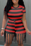 Red Fashion Striped Rivets O Neck Plus Size Two Pieces