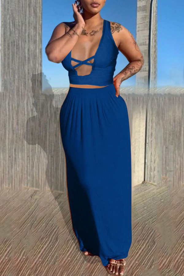 Blue Fashion Sexy Solid Backless Halter Sleeveless Two Pieces